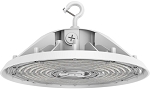 150W LED Shop Light 1 - 3/4 view, white, circular design with integrated led array, aluminum housing with prominent heat sink